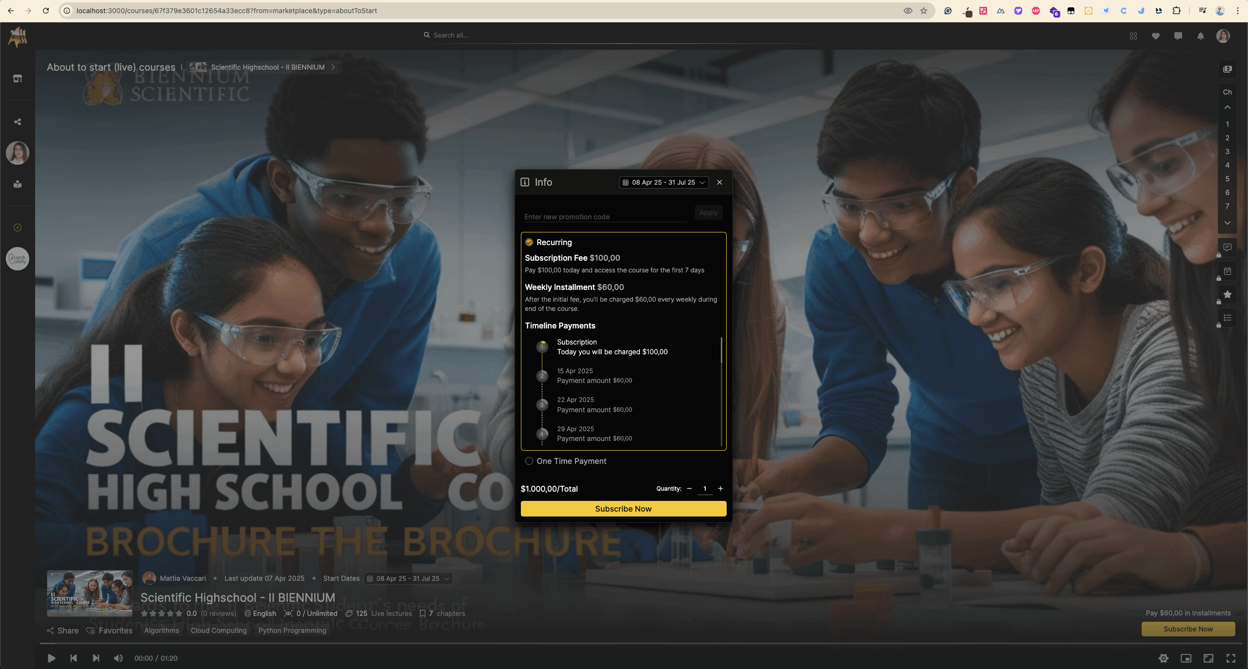 Aladia Online Learning Platform screen