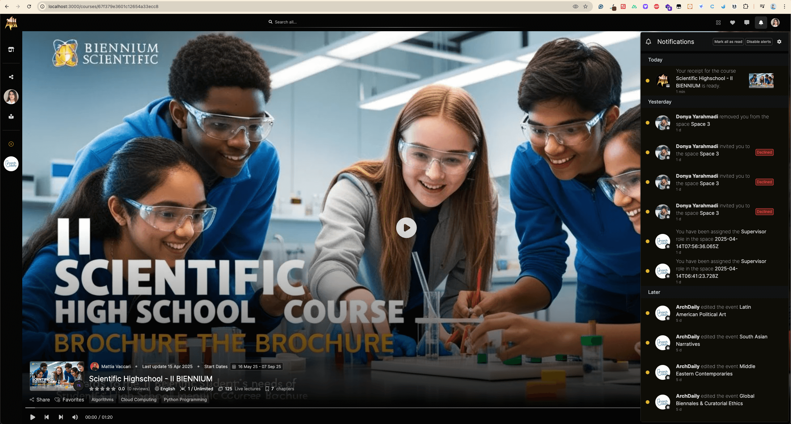 Aladia Online Learning Platform screen